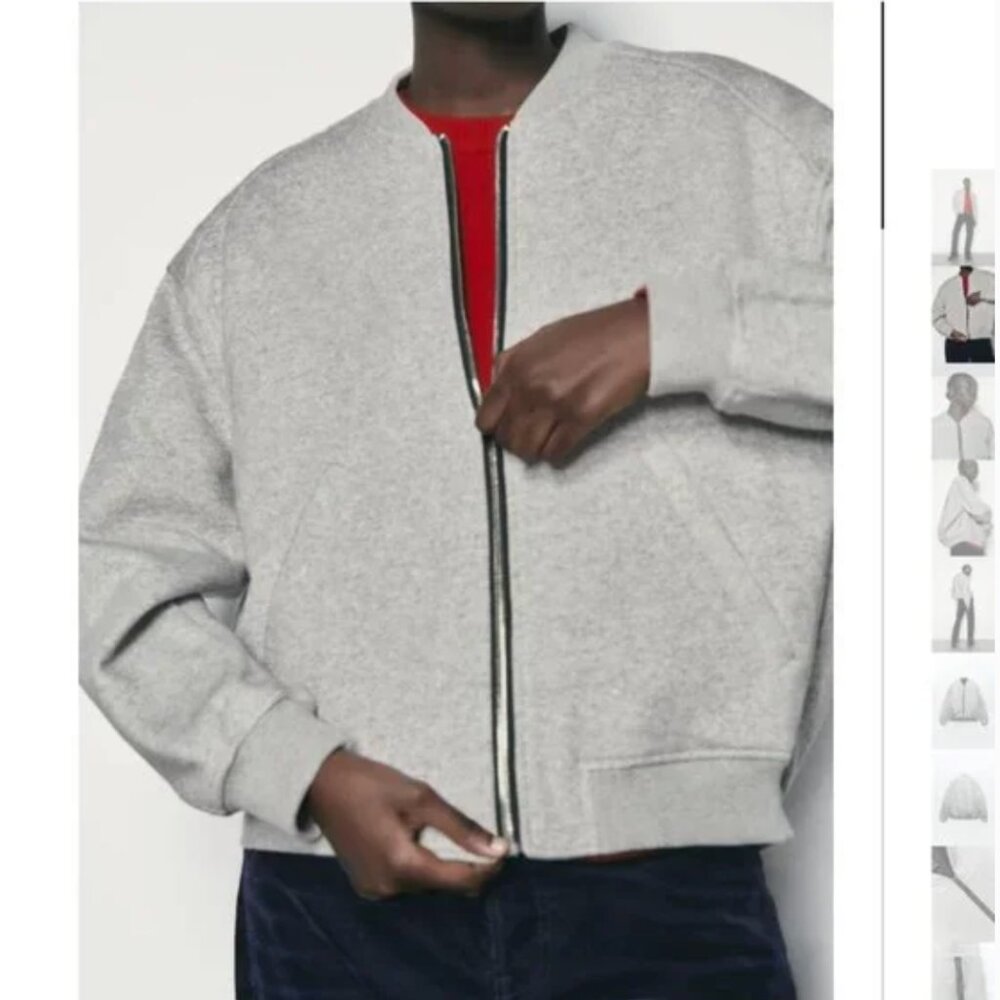 NWT ZARA ZIPPERED PLUSH BOMBER JACKET GRAY MARL